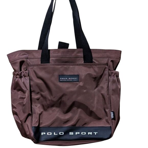 Vintage Polo Sport by Ralph Lauren Brown tote Bag Logo spell out brown laptop - Picture 10 of 10